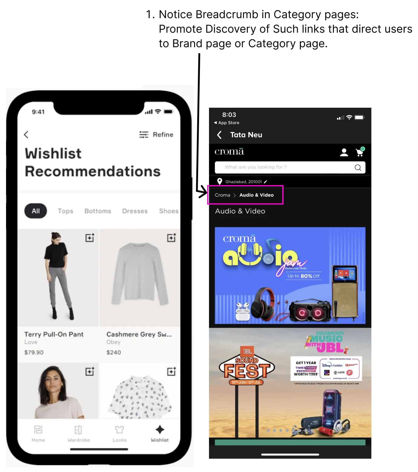 A wishlist recommendations screen beside a Croma category page with its breadcrumb highlighted