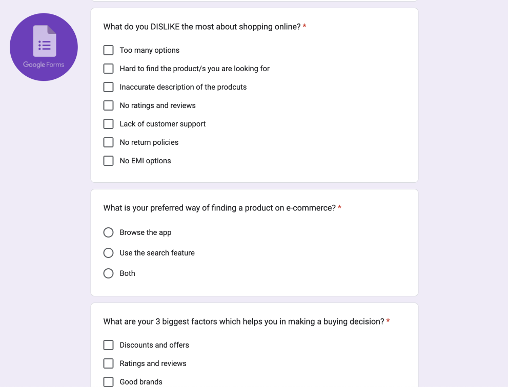 Google survey form sent to SugarBox users about online shopping